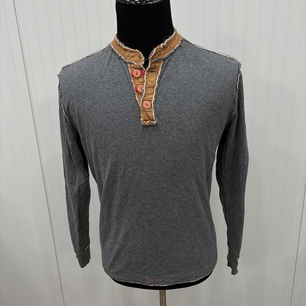 Carbon2Cobalt C2C Men's Medium Gray Contrast Raw Hem Long Sleeve Cotton Henley
